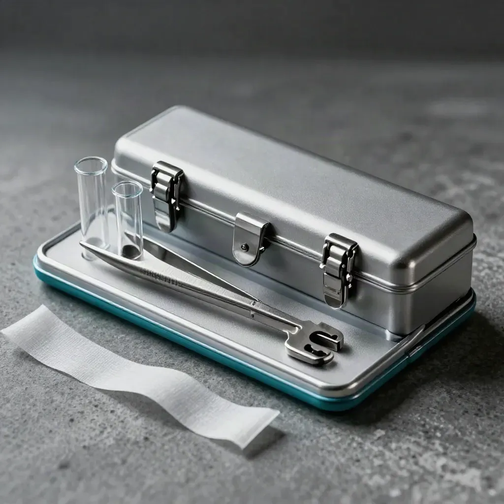 Clinical test tubes, steel forceps, and a sealed instrument case on stone.