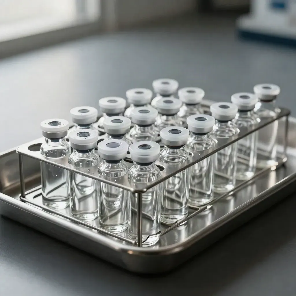 Glass sample vials in a stainless rack on a matte metal tray, top-down lab still life.