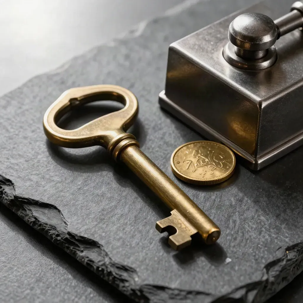 Vault key, brass token and heavy metal paperweight arranged in a premium bank still life.