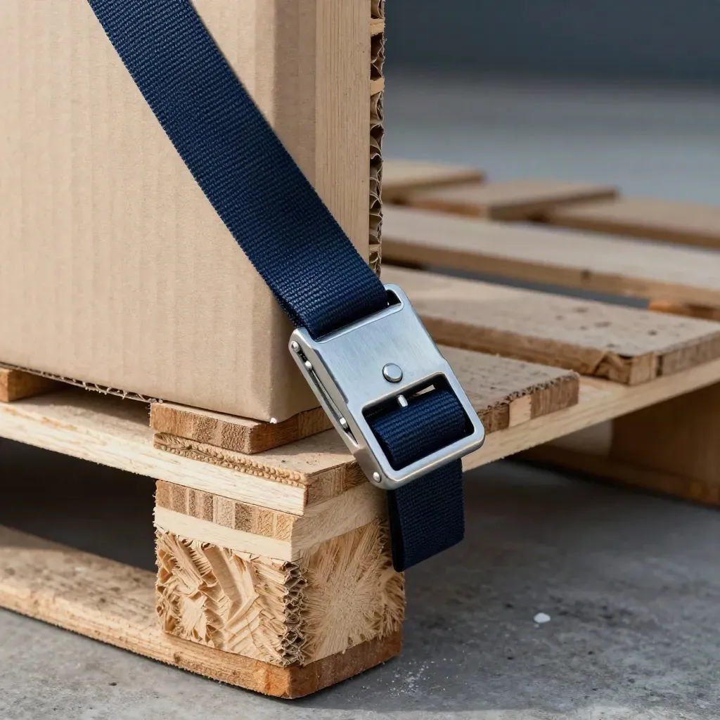 Ratchet strap, crate corner and dock clip cinched tight on a pallet in freight loading light.