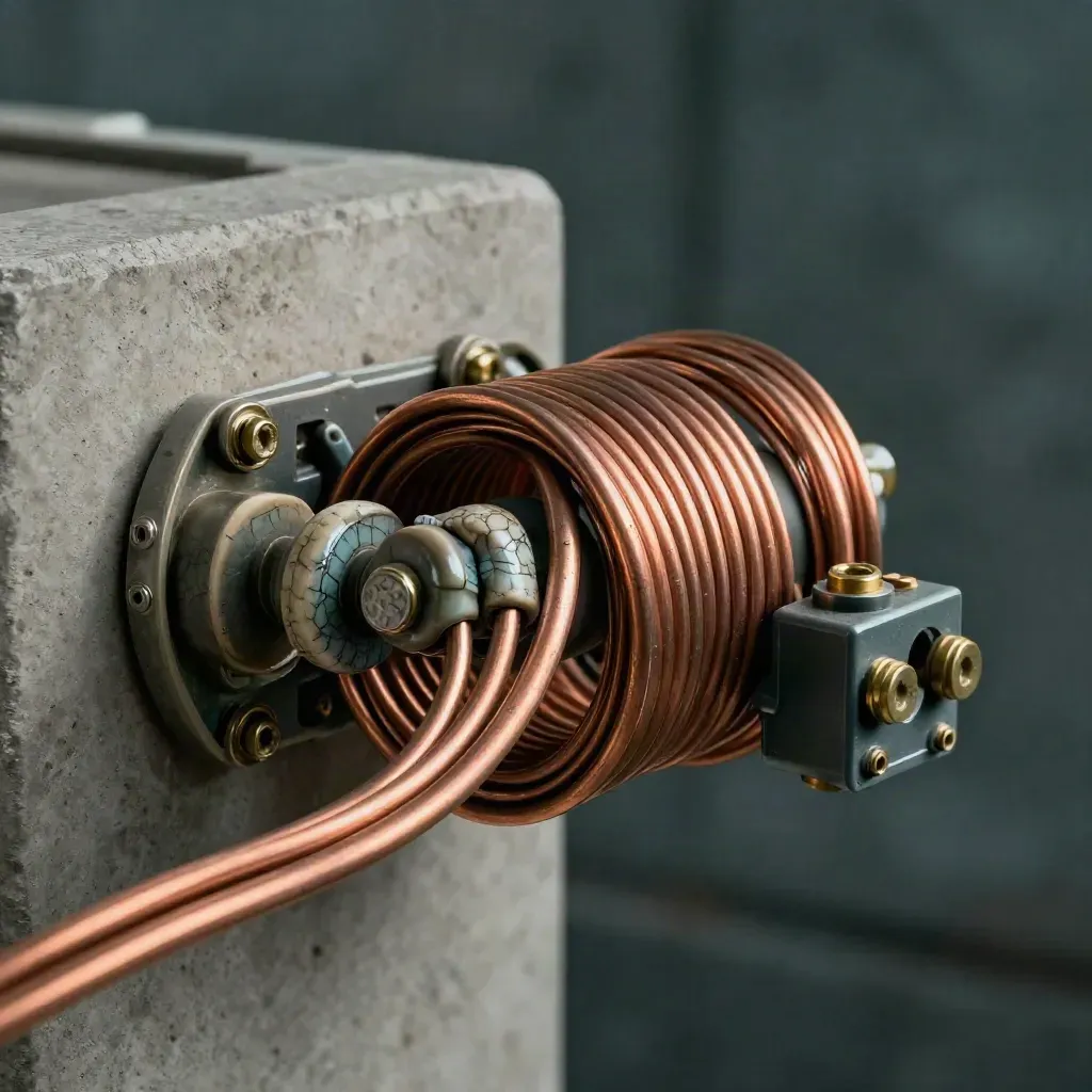 Copper coil, ceramic insulators and terminal block on concrete in a dark premium macro still life