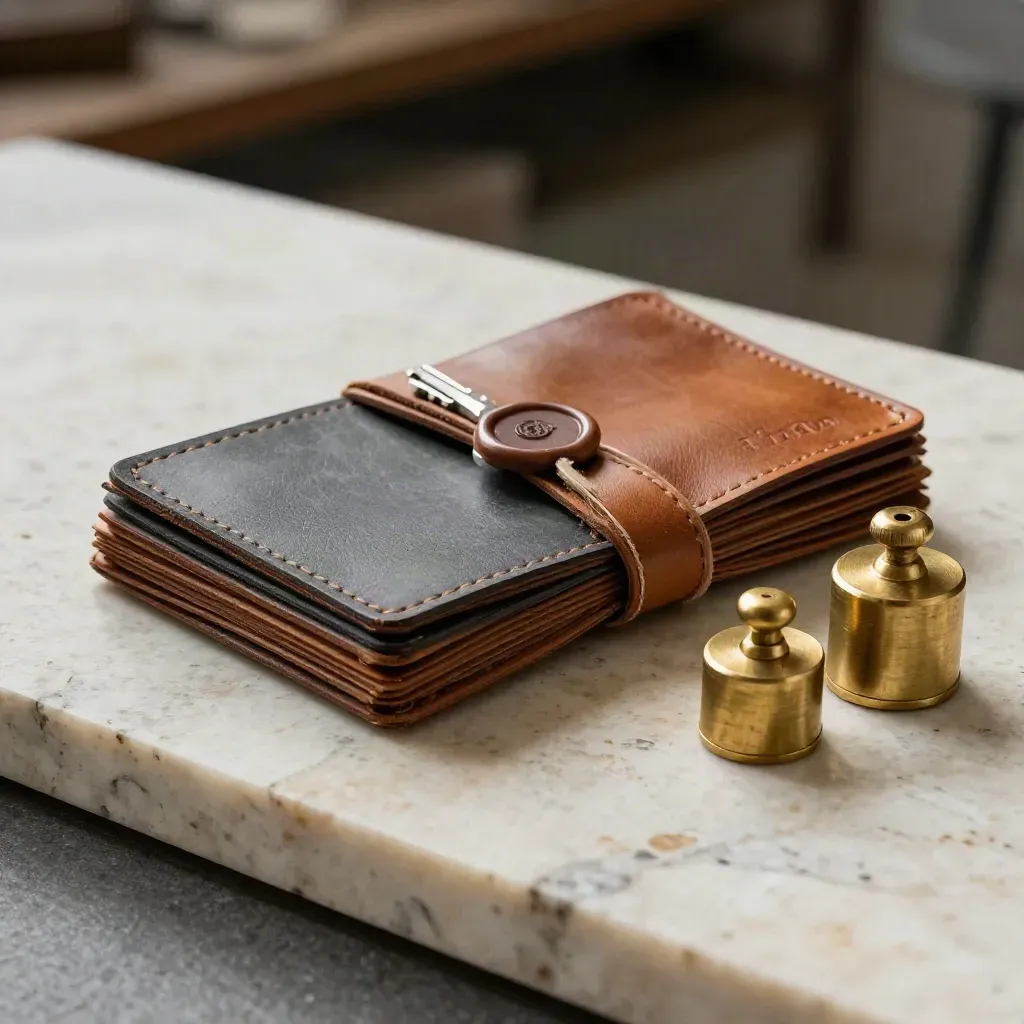 Leather sample cards, brass weights and a shipping seal on travertine, lit dramatically.