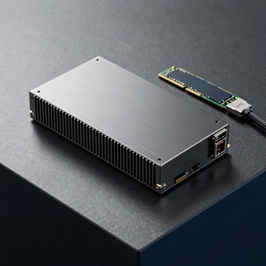 Top-down macro of a server module, NVMe card, and braided cable on a graphite surface.