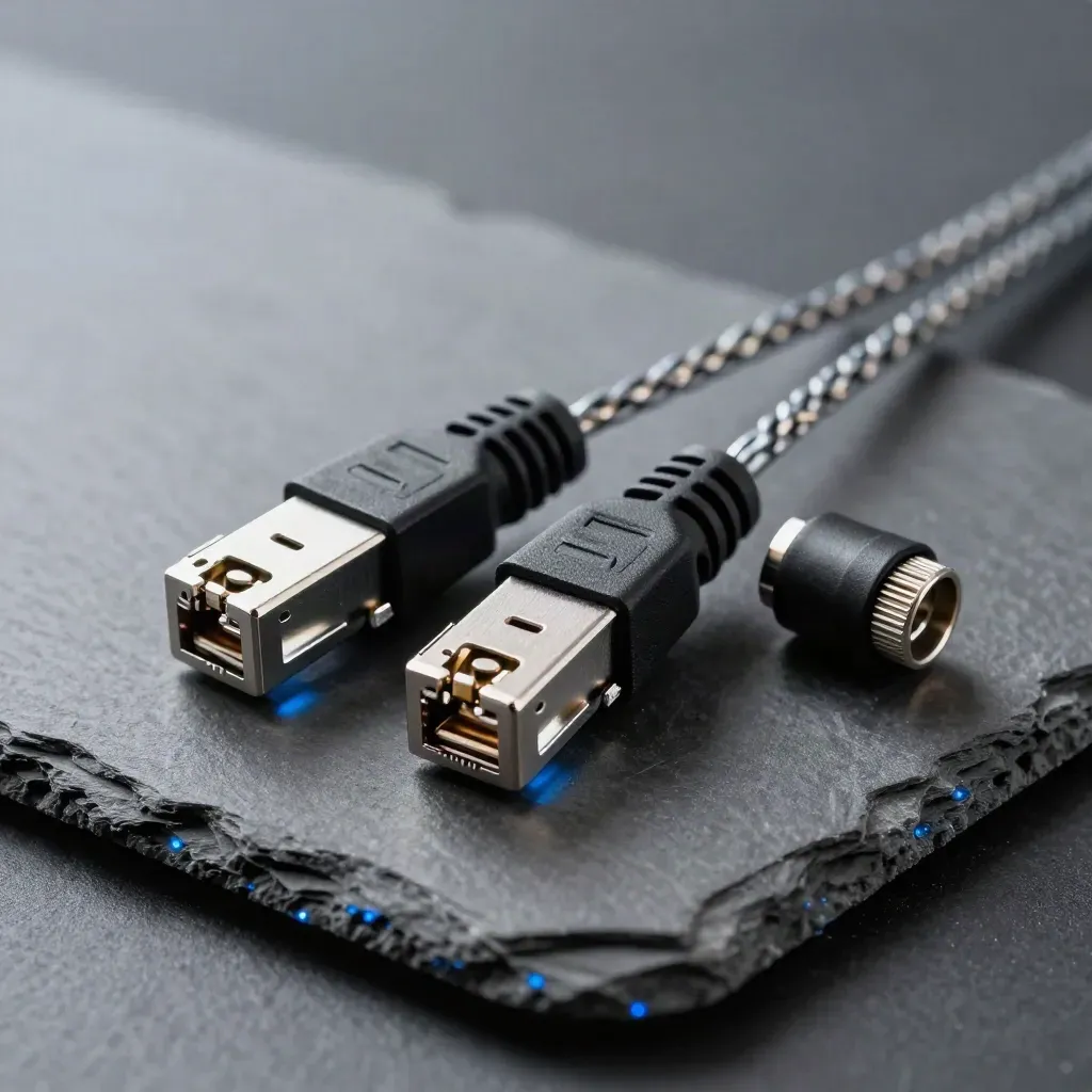 RJ45 couplers linked by a braided lead on a dark slate surface with a blue edge glow.