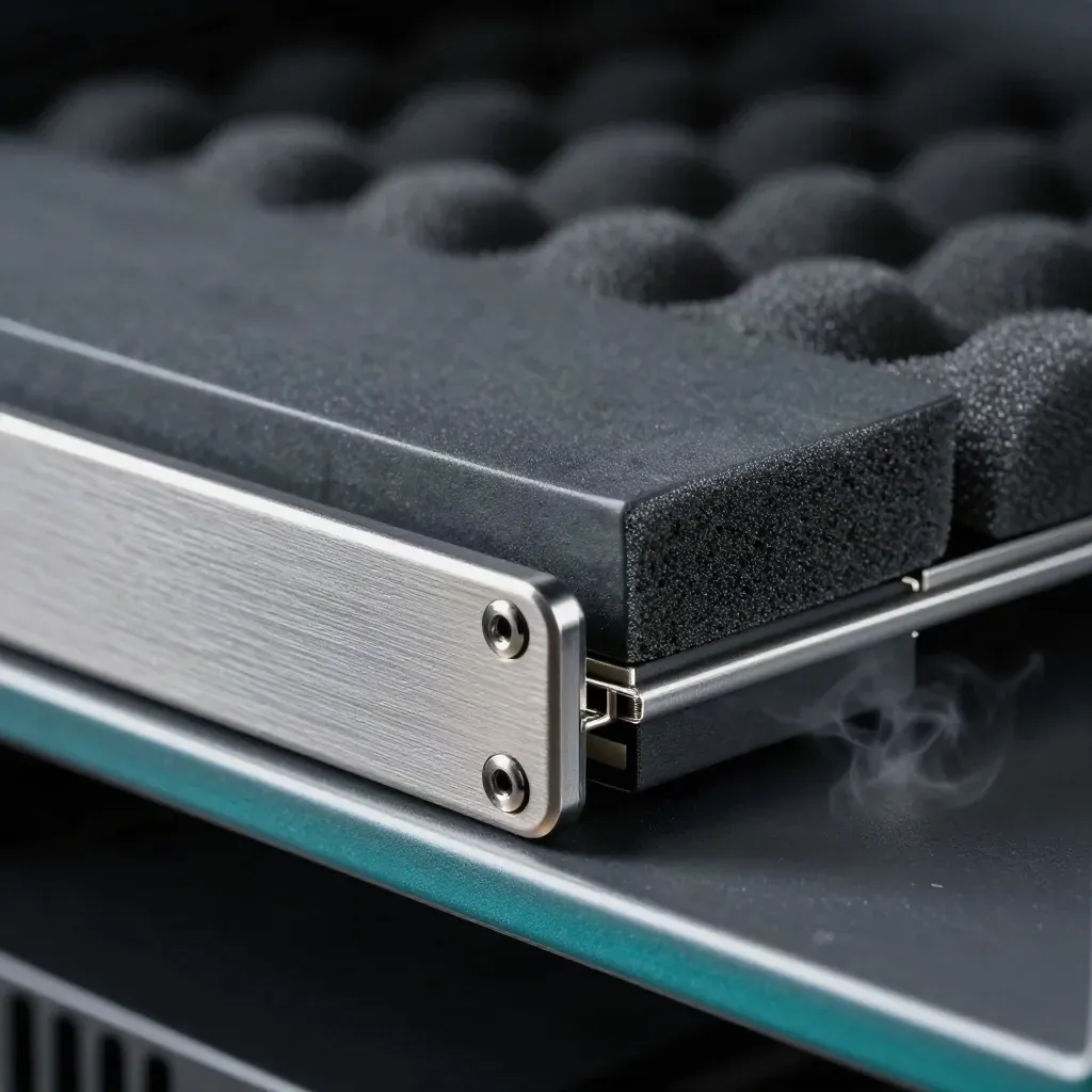 Rack server latch, SSD sleeve and foam cradle in a dark technical macro close-up.