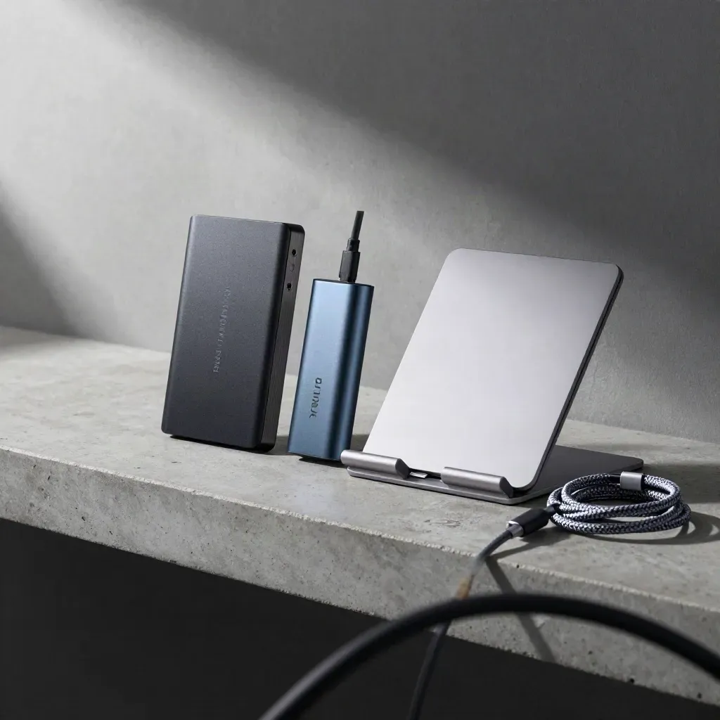 Portable SSD, USB-C hub, laptop stand and coiled cable on concrete with a blurred cable foreground.