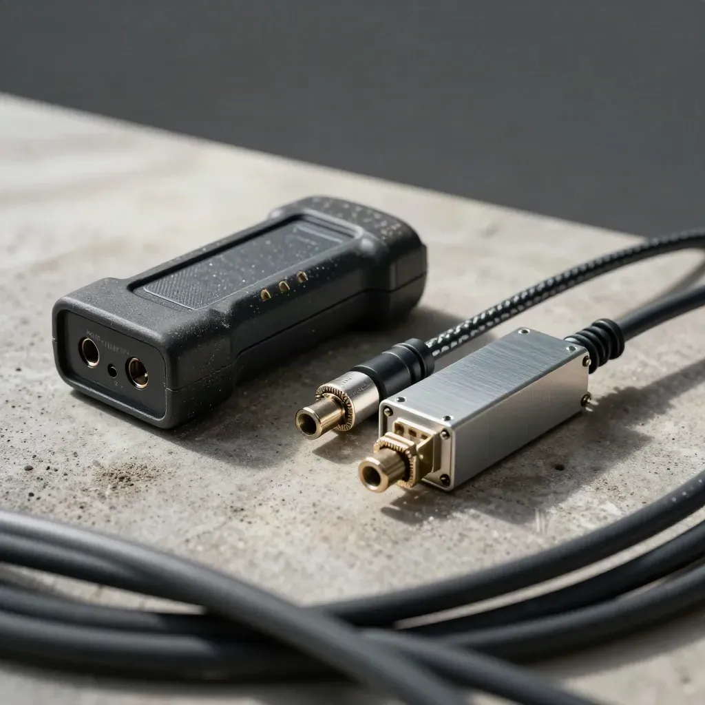 Macro flat lay of SME ops hardware: scanner cradle, DIN-rail controller, and braided patch leads.