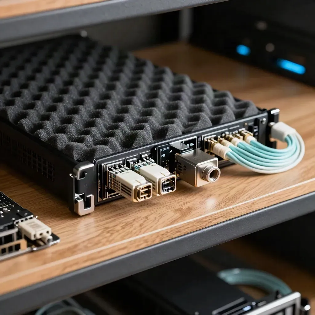 Server blade, SFP transceiver and fiber loops on foam, seen through a blurred rack grille