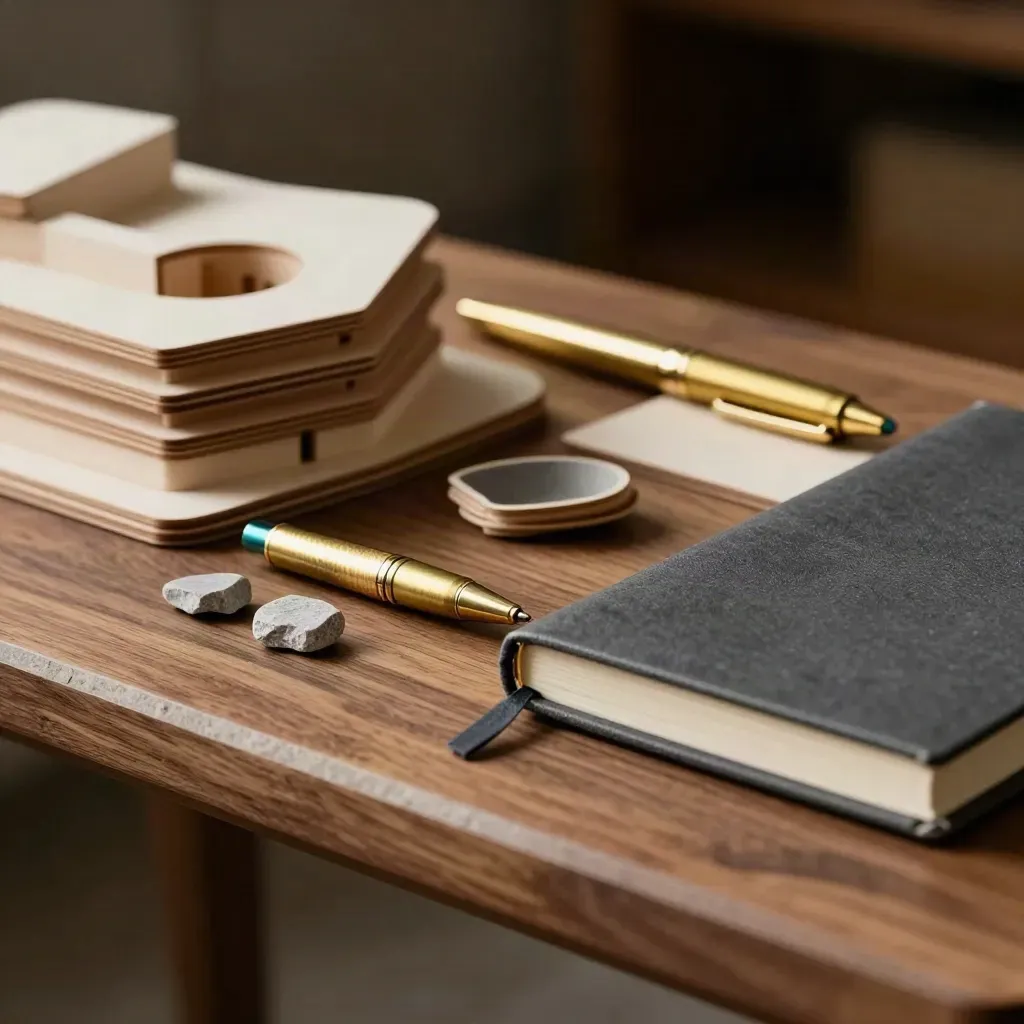 Architectural model fragments, brass pen, stone chips and closed notebook on warm walnut.