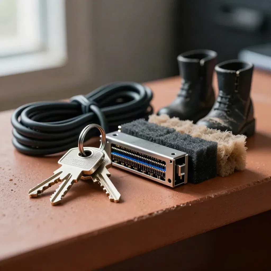 Rack keys, patch leads, SFP modules and anti-static foam on a terracotta surface.