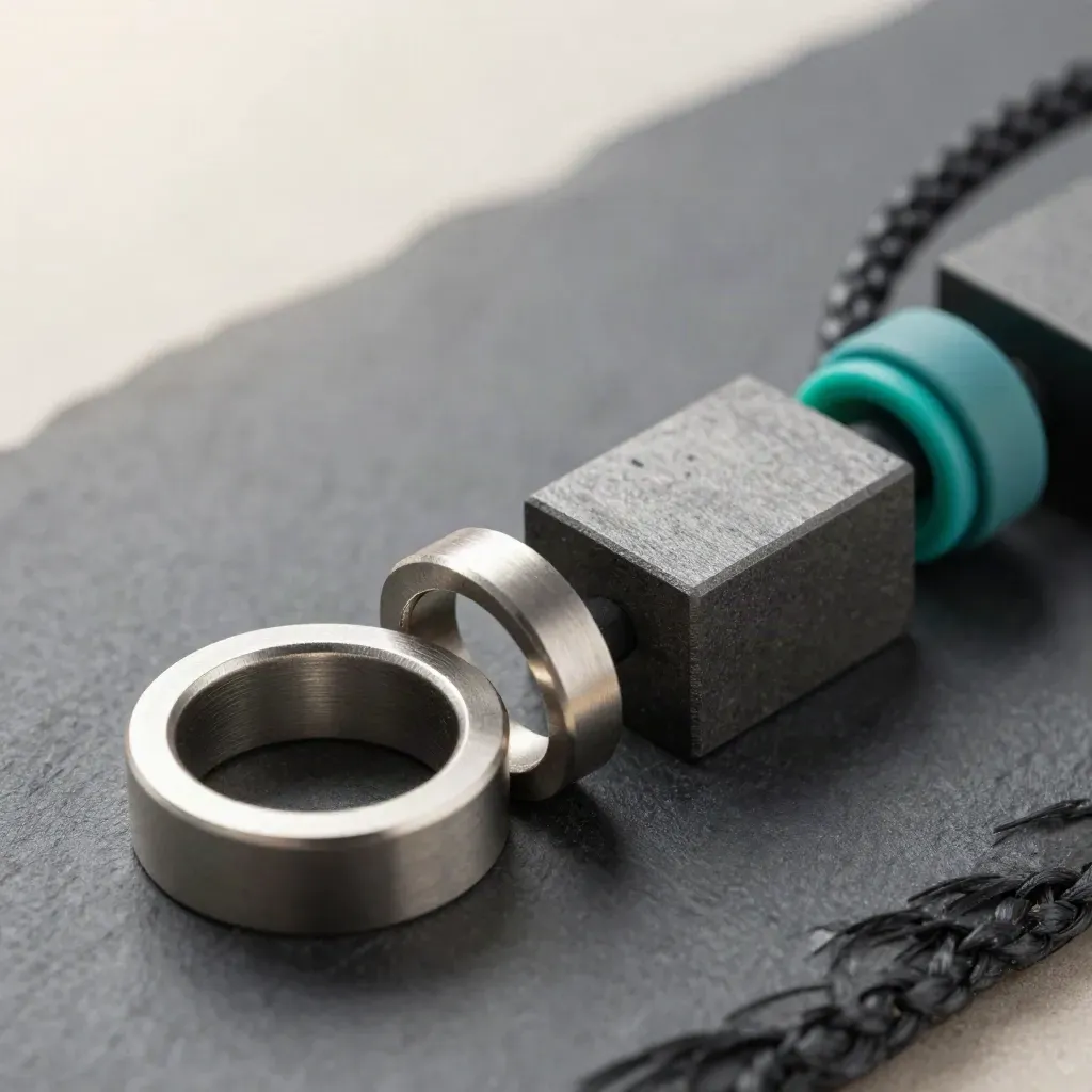 Linked aluminum rings, braided cable and graphite blocks on smoked stone, accented teal.