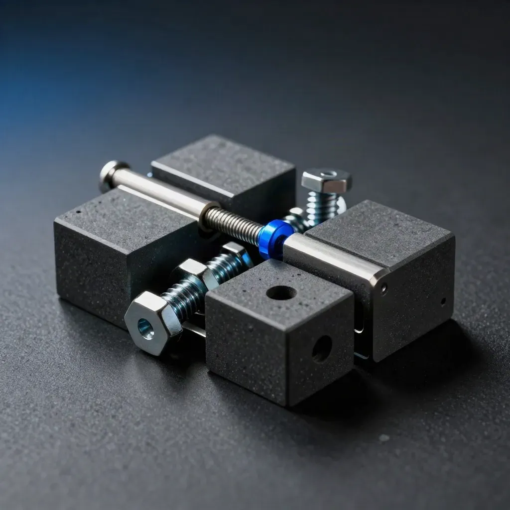 Machined graphite blocks and steel pin assembling on dark stone with a blue accent