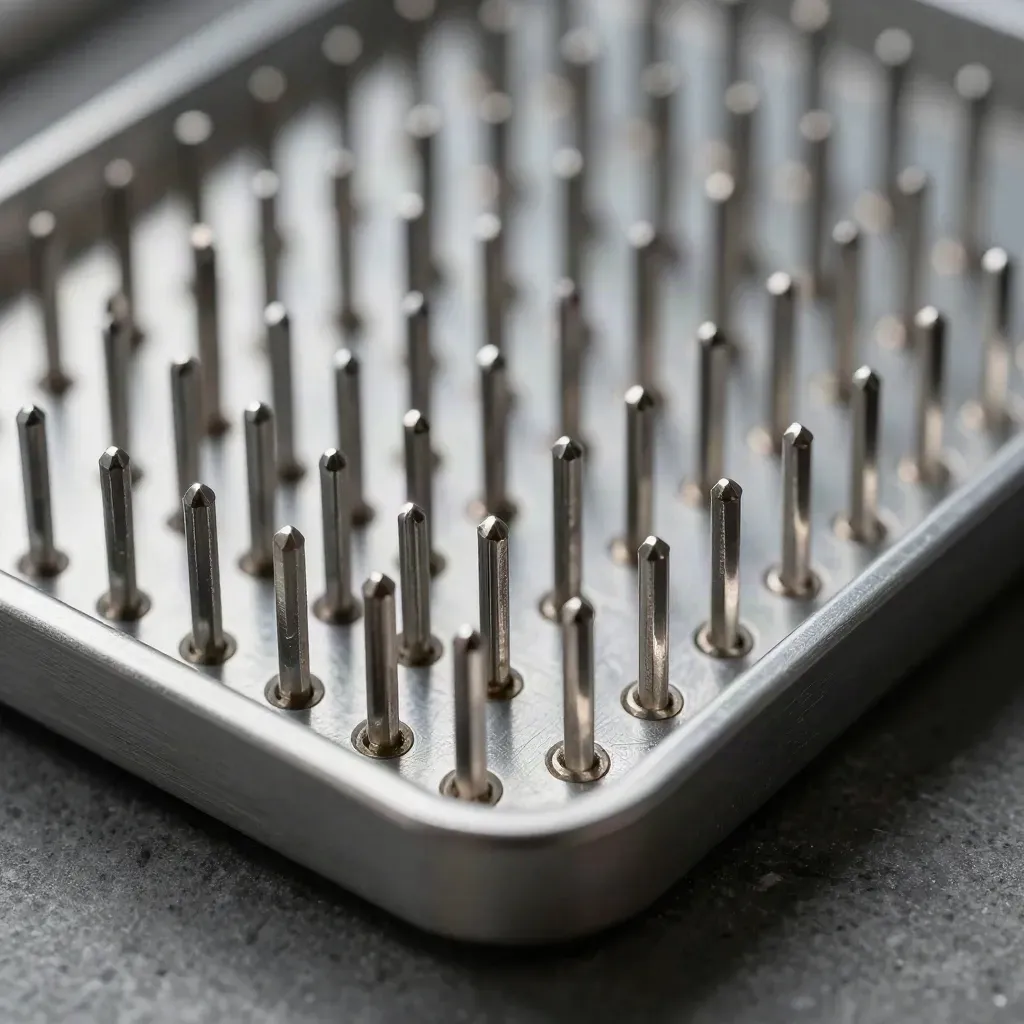Extreme macro of connector pins and metal tabs aligned in a brushed tray