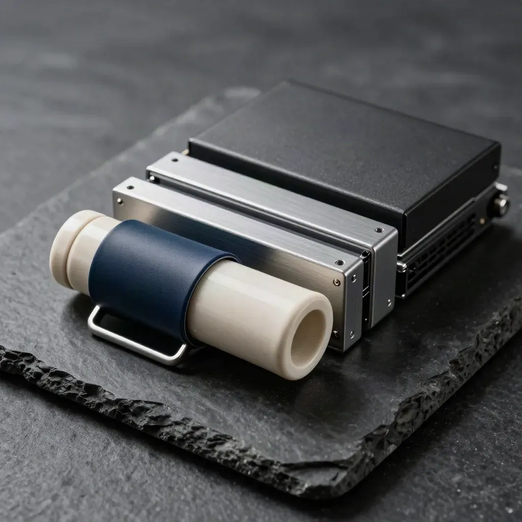 Top-down still life of server hardware, fiber coupler, backup drive and cable clip on dark stone.