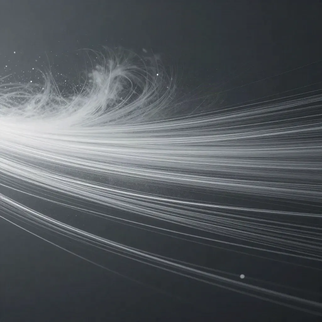 Silver filaments stream through graphite space into a soft off-centre bloom with calm copy space.